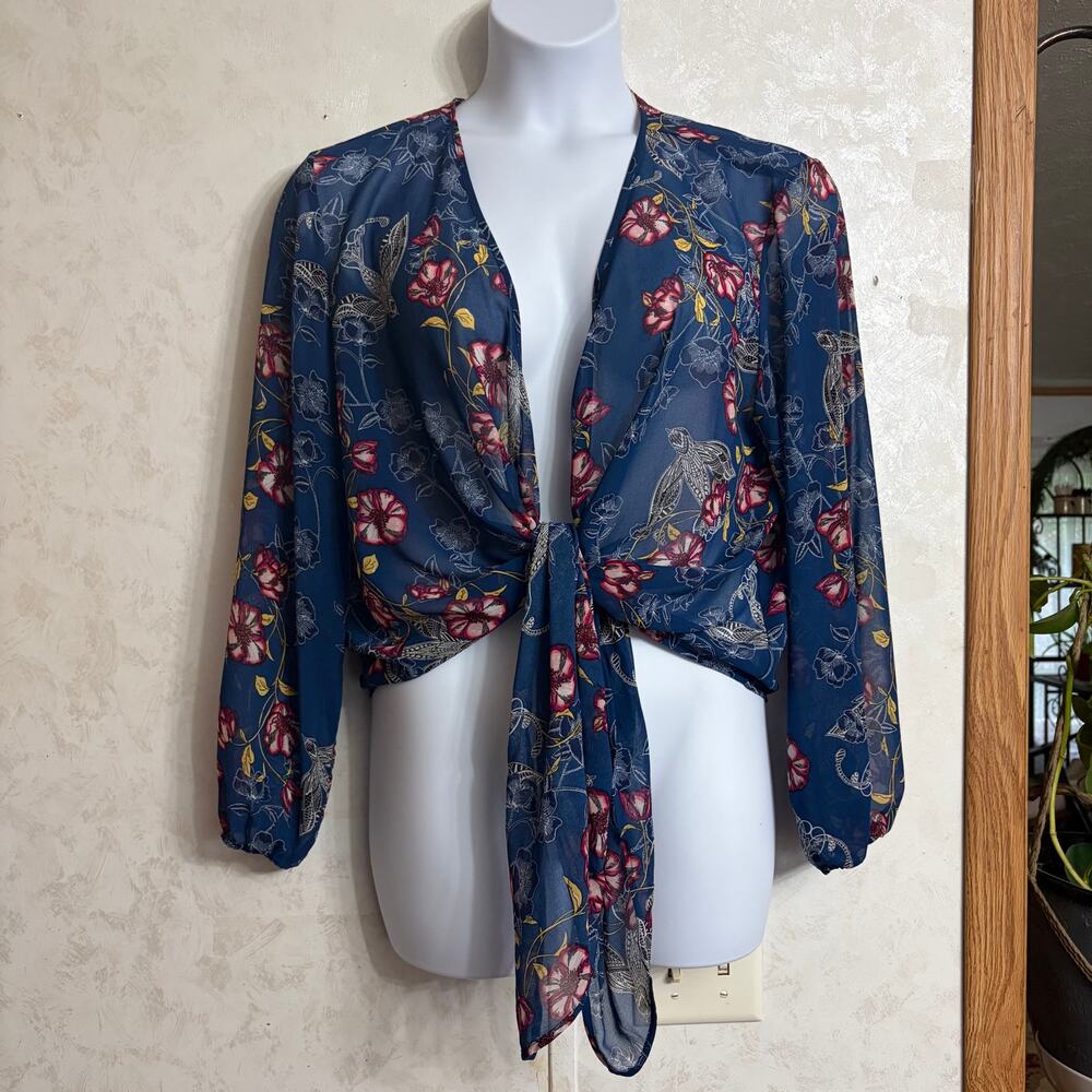 Xhilaration Boho Navy Blue Floral & Bird Print Tie-Front Crop Kimono Top L